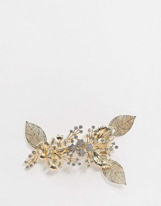 ASOS DESIGN statement barette hair clip in gold filigree leaf and crystal design