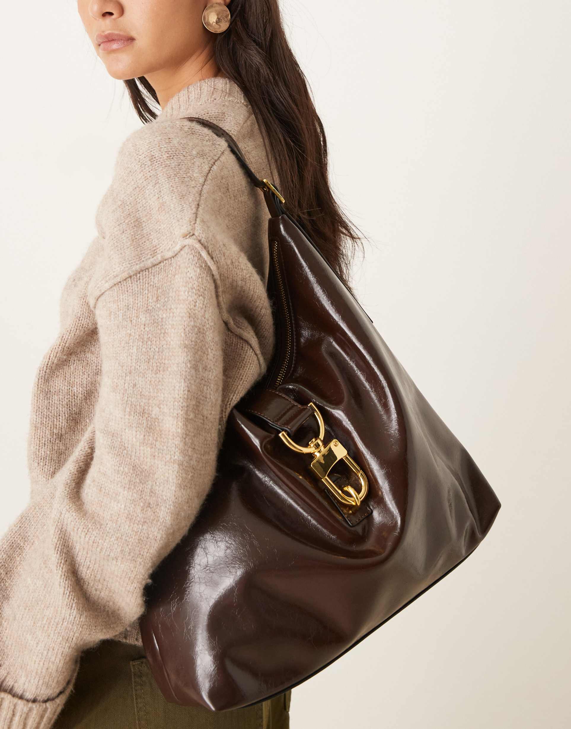 asos design statement buckle slouch tote bag in chocolate