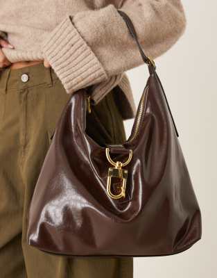 Asos Design Statement Buckle Slouch Tote Bag In Brown