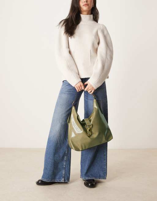 ASOS DESIGN statement buckle slouch tote bag in light khaki