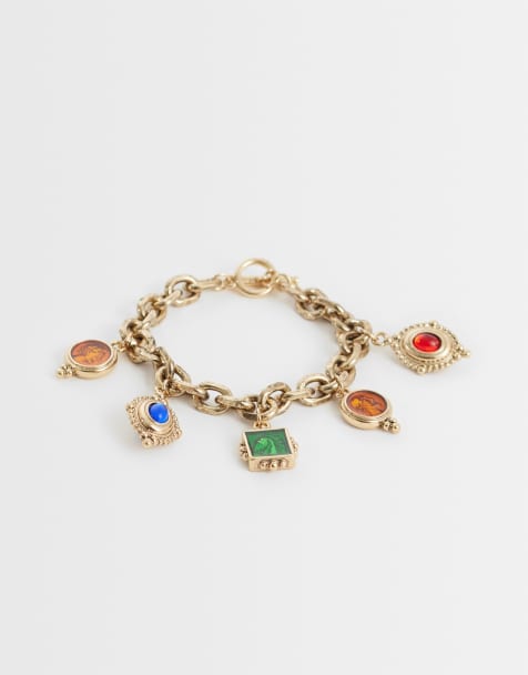 ASOS DESIGN statement charm-länkarmband med flera berlocker i guldfärg - view 1