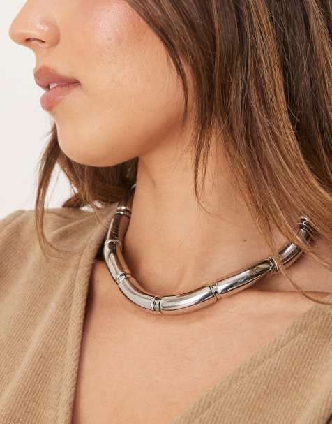ASOS DESIGN statement choker with tubular design in silver tone - view 1
