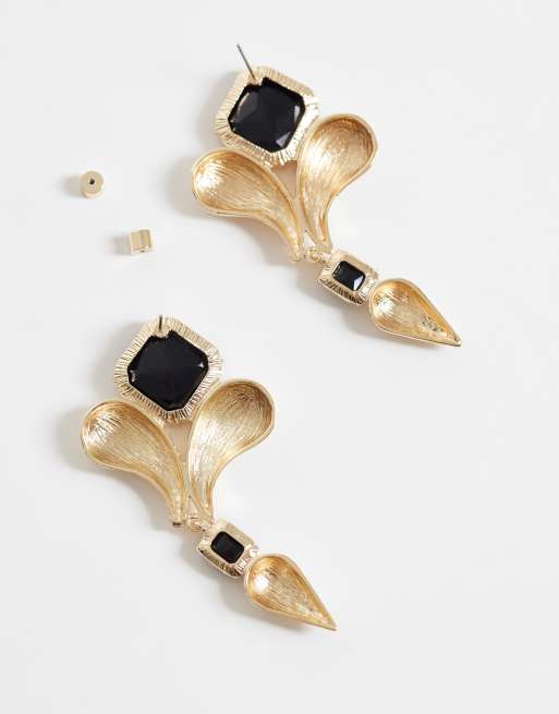 ASOS DESIGN statement earrings with black stone setting in gold tone, 2 of 4