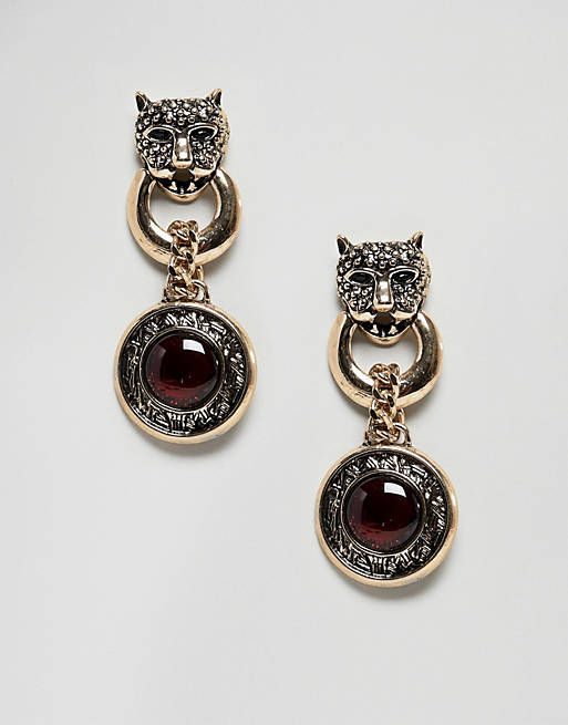 ASOS DESIGN statement earrings with lionhead and stone disc pendant in gold
