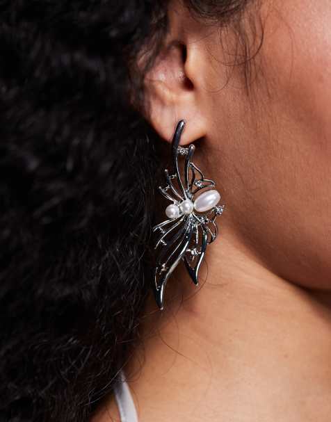 ASOS DESIGN statement earrings with spider design and faux pearls in silver tone - view 1