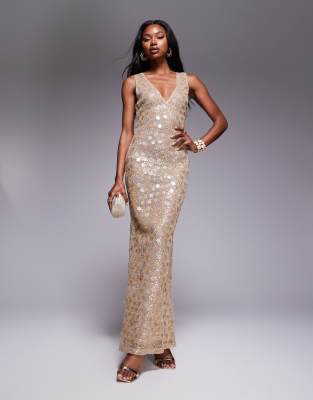 [ASOS DESIGN] ASOS DESIGN statement embellished textured plunge maxi dress with mixed sequins in gold 14 Gold