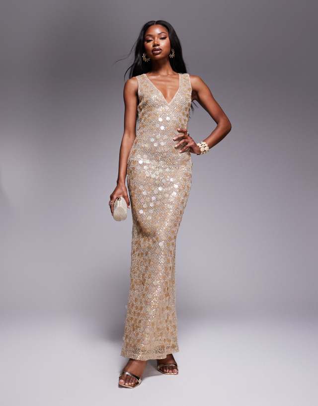 gold statement dress ASOS DESIGN embellished textured plunge maxi with mixed sequins in gold evening dresses for weddings