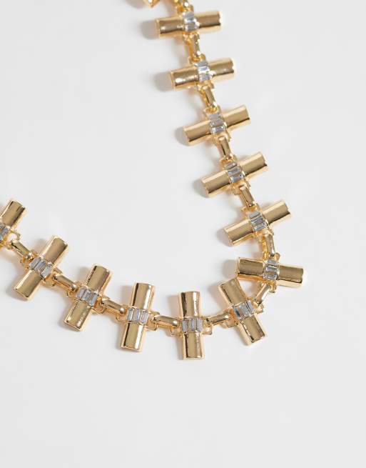 ASOS DESIGN statement ketting met t-bar schakels en imitatiekristaldetail in goudkleur, 4 van 4
