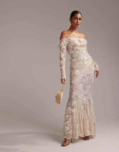 ASOS DESIGN - Statement maxi trouwjurk met kanten applicaties en fishtail in ivoorwit - view 1