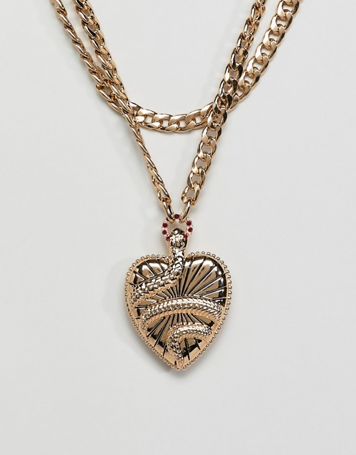 ASOS DESIGN statement multirow necklace with vintage style snake locket in gold