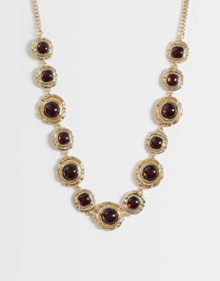 Asos Design Statement Necklace With Amber Resin Stone Settings In Burgundy