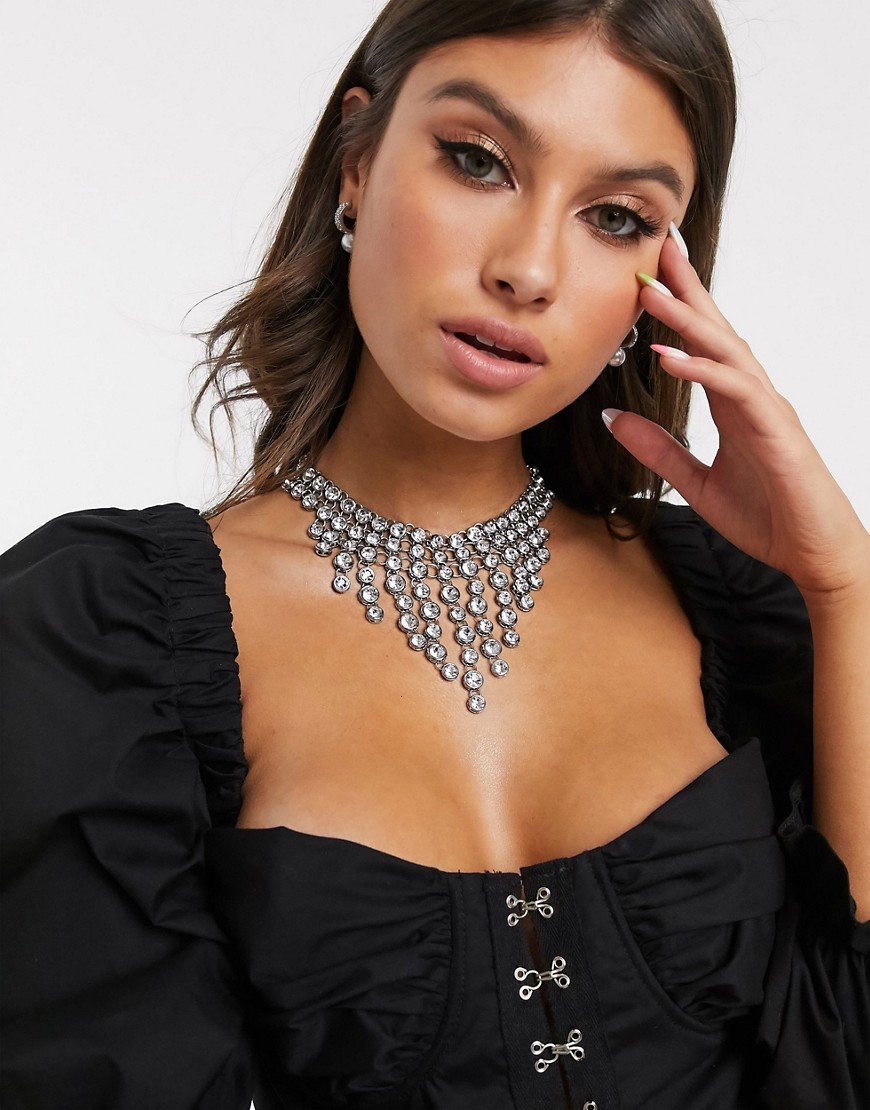 ASOS DESIGN statement necklace with crystal drops in silver tone