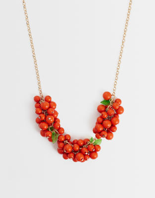 Asos Design Statement Necklace With Red Berry Beads-gold