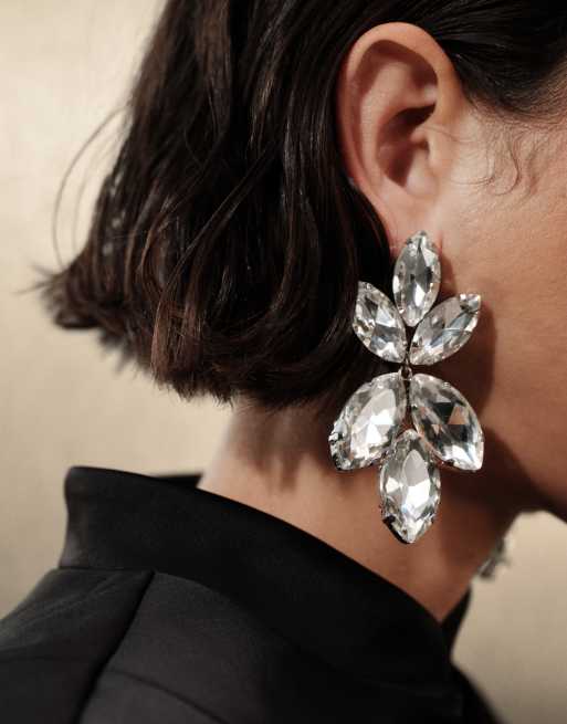 ASOS DESIGN statement pendant stud earrings with diamante stones in silver tone, 2 of 4