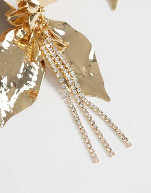 ASOS DESIGN Statement petal drop earring with diamante detail in gold tone, 4 of 4