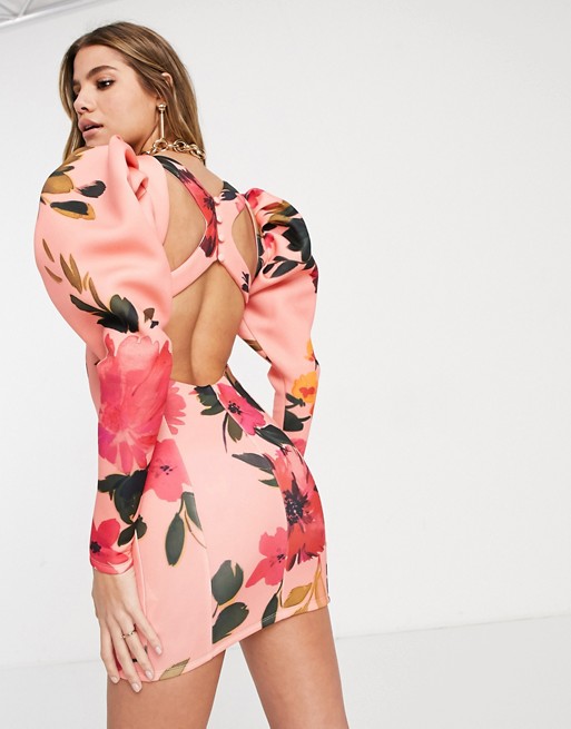 ASOS DESIGN statement sleeve cut out mini dress in floral print