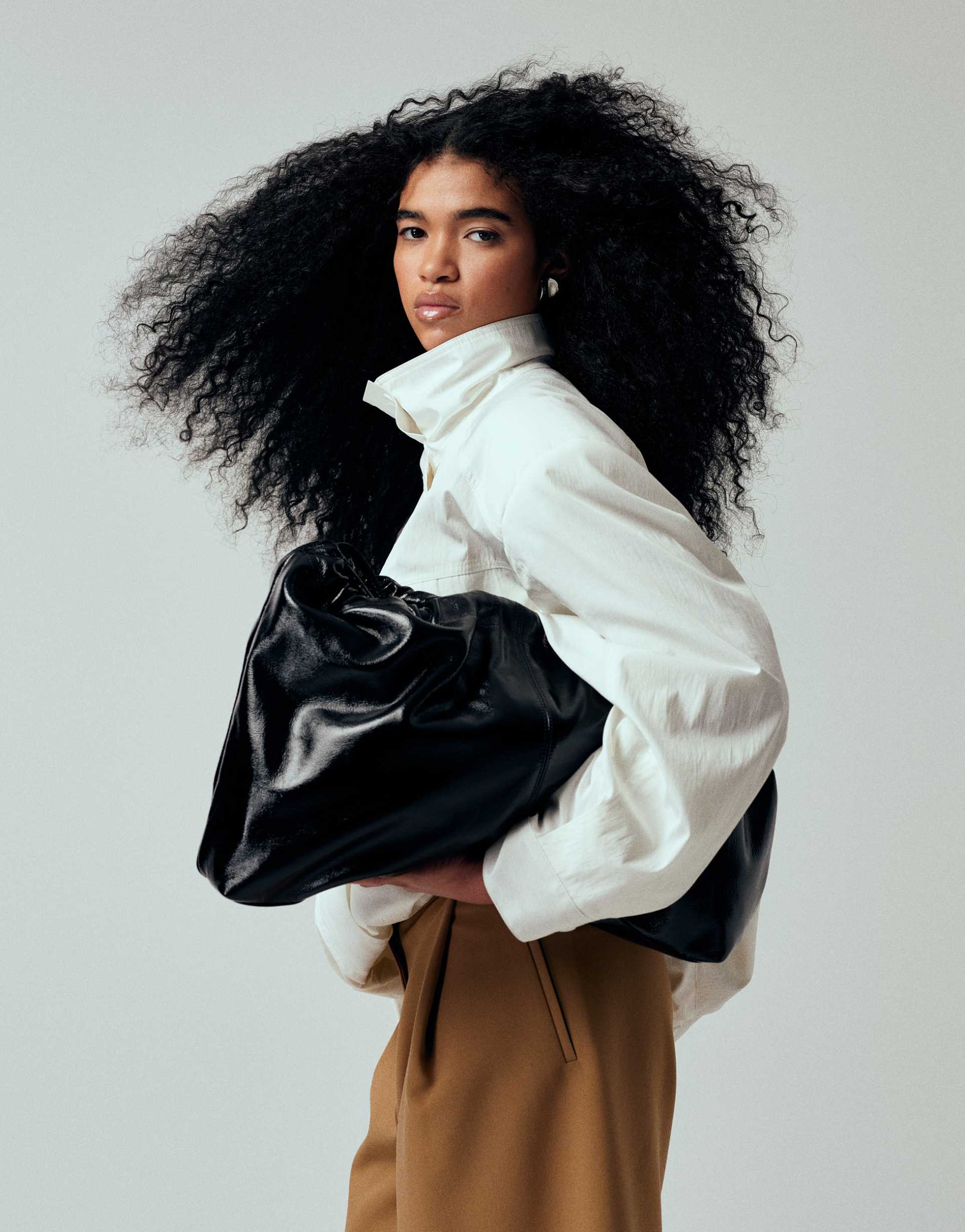 asos design statement tote bag with metal hardware in high shine black pu