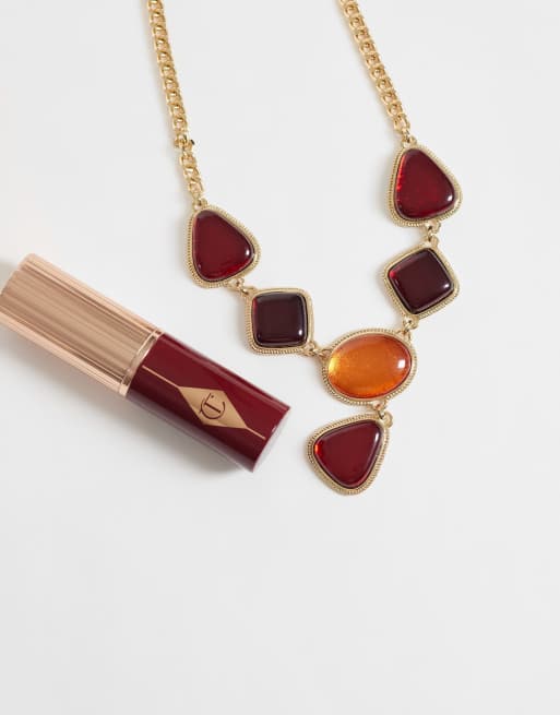 ASOS DESIGN statementhalsband med droppar i bärnsten och burgundyröd resin, 2 av 4