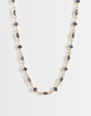 Asos Design Stationed Blue And Charcoal Crystal Necklace In Gold