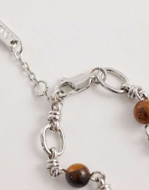 ASOS DESIGN stationed semi-precious tigers eye stone and link chain bracelet in silver tone, 3 of 3