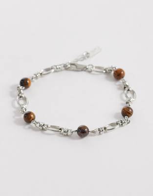 ASOS DESIGN stationed semi-precious tigers eye stone and link chain bracelet in silver