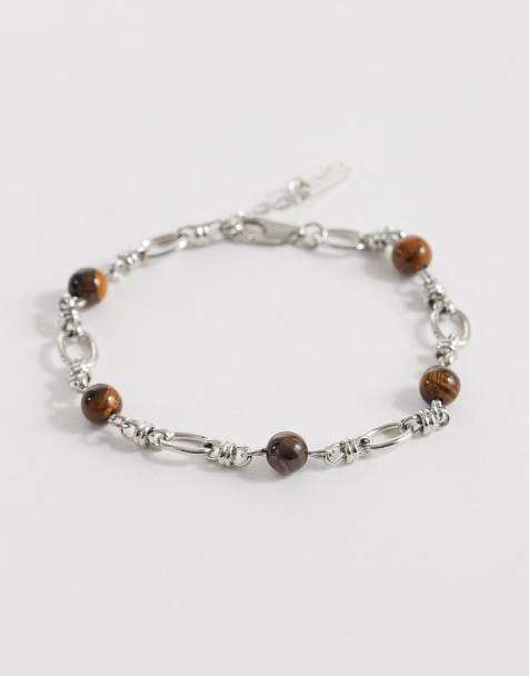 ASOS DESIGN stationed semi-precious tigers eye stone and link chain bracelet in silver - view 1