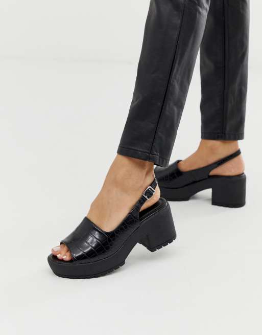 ASOS DESIGN Steal chunky slingback mid heels in black croc