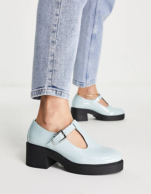 ASOS Wide Fit Stealth Mary Jane Chunky Mid Heeled Shoes in Purple Womens Shoes Heels Sandal heels 