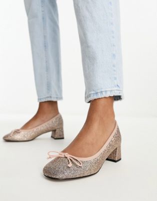 ASOS DESIGN Steffie bow detail mid heeled shoes in glitter
