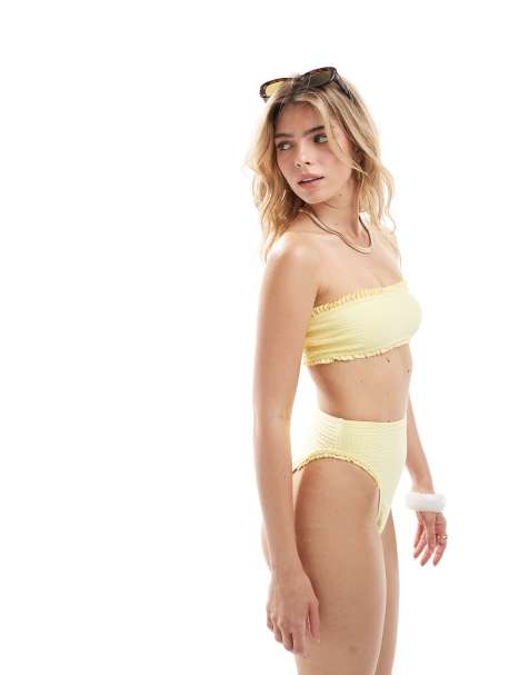 ASOS DESIGN Stella seersucker high leg tanga bikini bottom in yellow - view 1