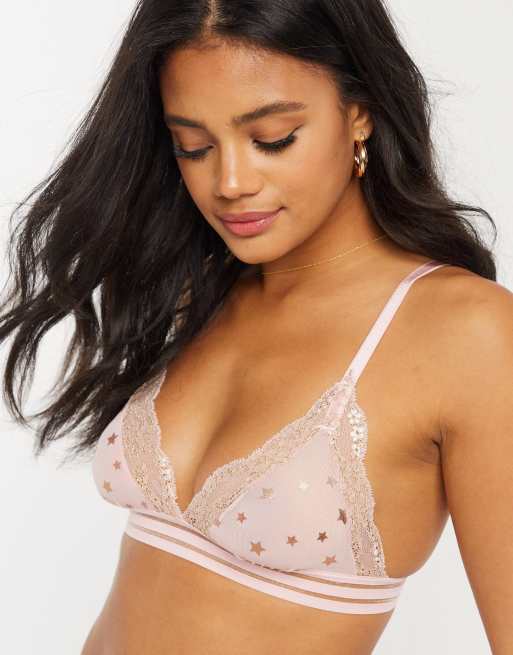 ASOS DESIGN – Stella – Stanik z trójkątnymi miseczkami z mikrofibry i koronki z gwiazdkami w kolorze różowego złota