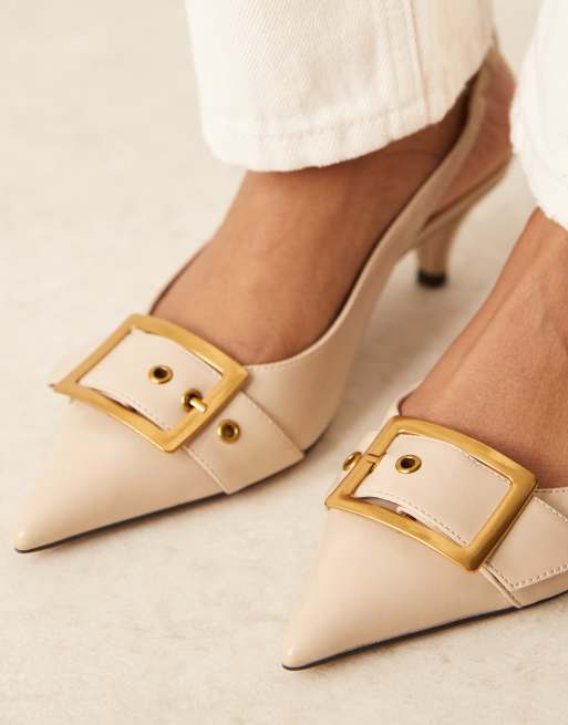 ASOS DESIGN Stellar buckle detail kitten heels in beige, 3 of 4