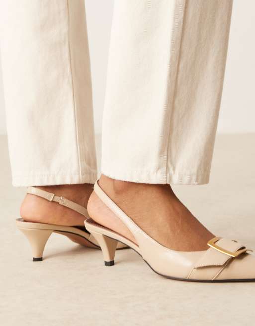 ASOS DESIGN Stellar buckle detail kitten heels in beige, 4 of 4