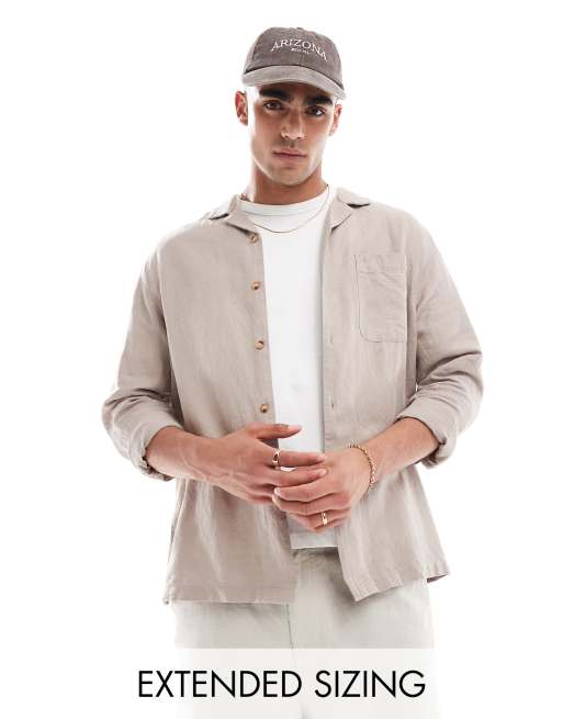 ASOS DESIGN – Stenfärgad, avslappnad skjorta i linnemix med platt krage och påsydd ficka 
