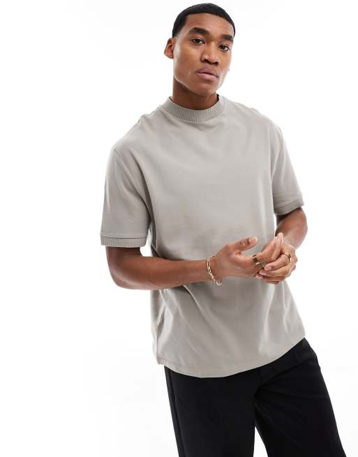 ASOS DESIGN – Stenfärgad avslappnad t-shirt i pikétyg med ribbade detaljer