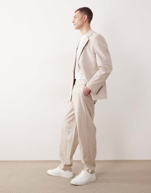 ASOS DESIGN – Stenfärgade oversize avsmalnande kostymbyxor med linne, 3 av 5
