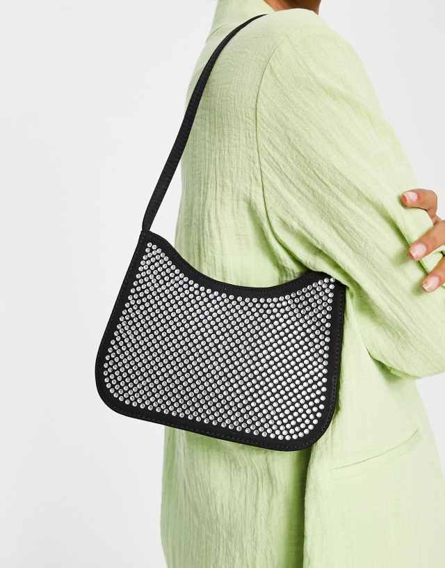 ASOS DESIGN step gusset diamante shoulder bag in black