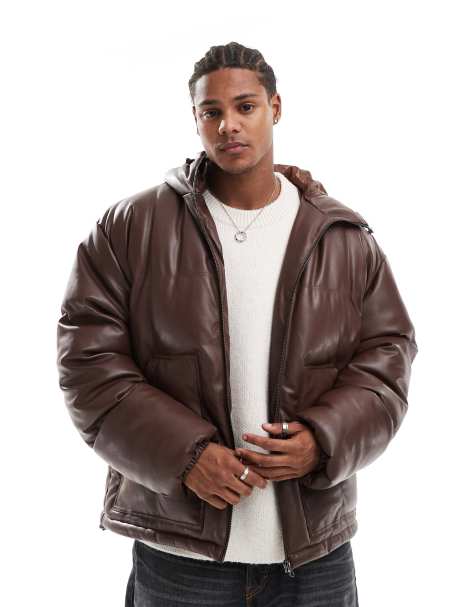 ASOS DESIGN – Steppjacke aus Kunstleder in Braun mit Kapuze - view 1