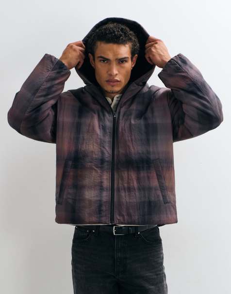 ASOS DESIGN Steppjacke mit Kapuze in rosa-blauem Karo - view 1