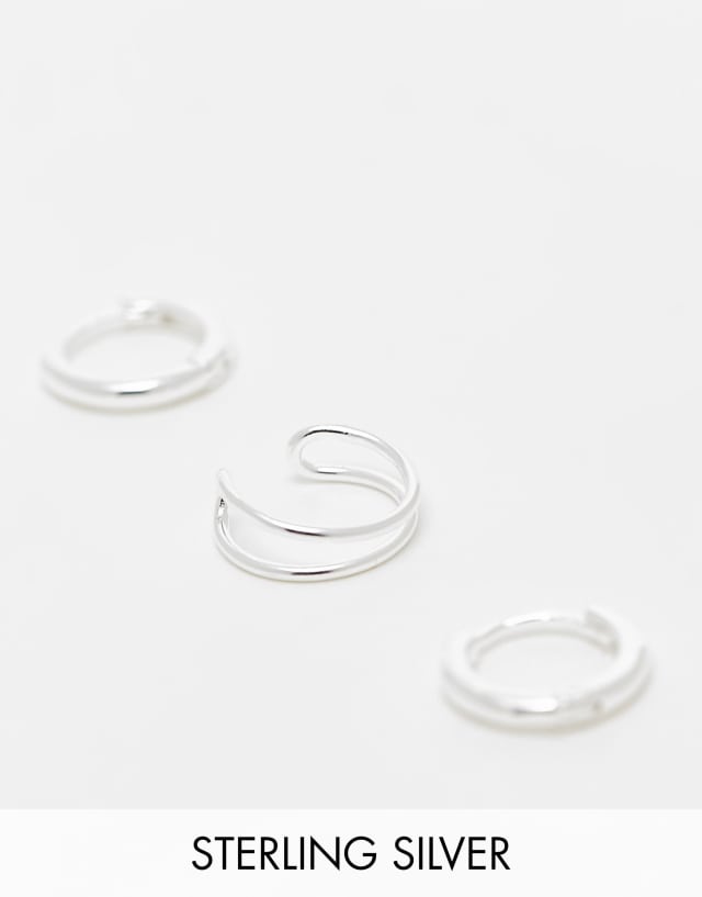 ASOS DESIGN sterling silver 3 pack hoop earrings and ear cuffs