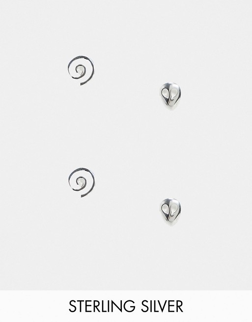 ASOS DESIGN sterling silver 8mm stud earring pack with swirl and alien design in silver
