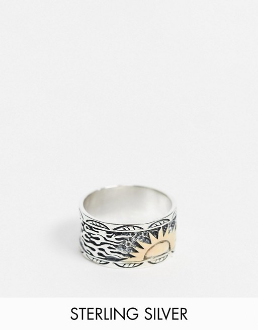ASOS DESIGN sterling silver band ring with 14k gold plated sun design in burnished silver