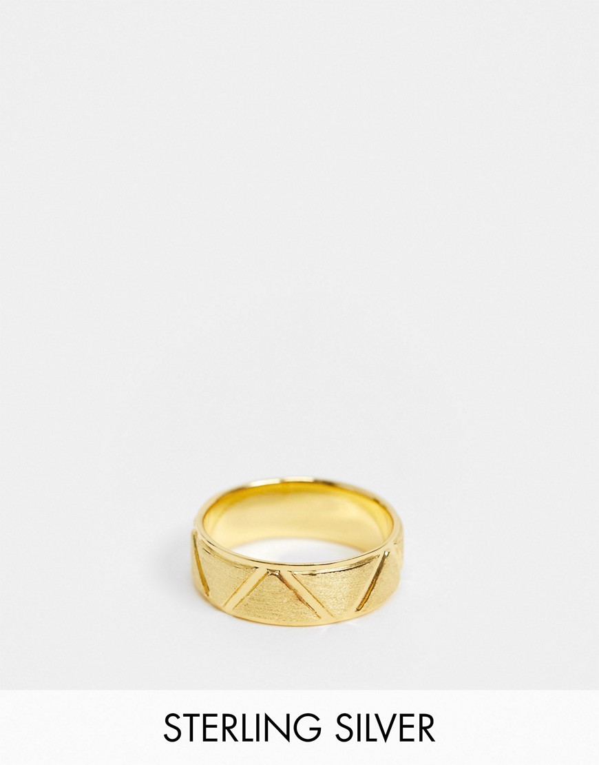 ASOS DESIGN sterling silver band ring with brushed and shiny design in 14k gold plate