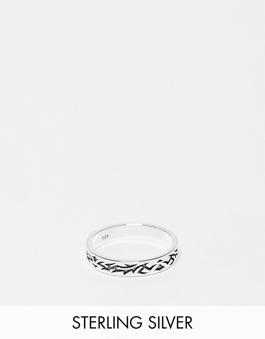 ASOS DESIGN sterling silver band ring with tattoo emboss in silver tone