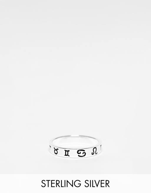 ASOS DESIGN sterling silver band ring with zodiac design in silver