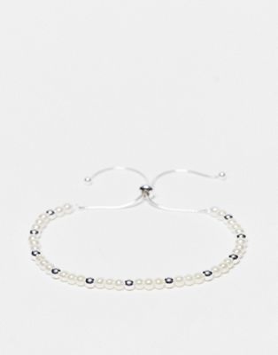 ASOS DESIGN festival sterling silver faux pearl beaded bracelet with puller