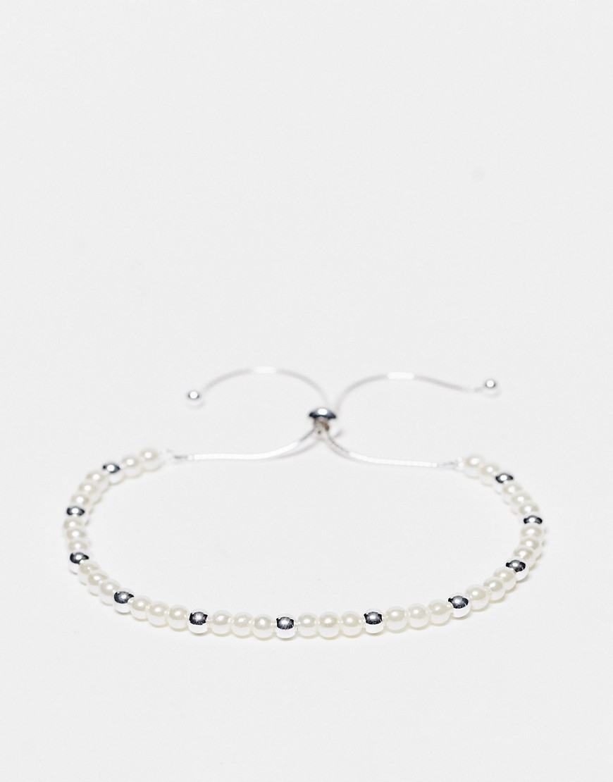 ASOS DESIGN sterling silver faux pearl festival beaded bracelet with puller