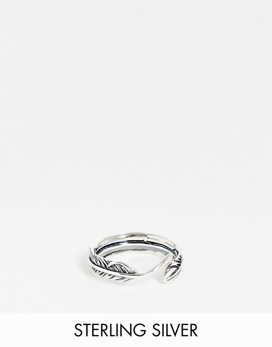 ASOS DESIGN sterling silver feather pinky ring in burnished silver