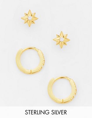 ASOS DESIGN sterling silver gold plate pack of 2 stud earrings in celestial design