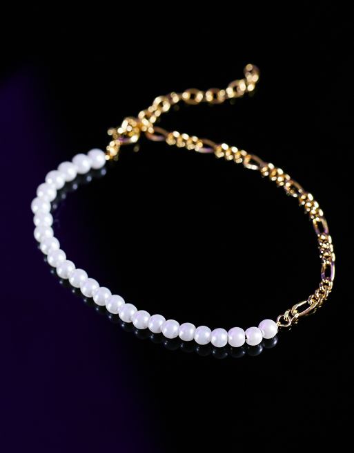 ASOS DESIGN sterling silver half chain half faux pearl bracelet in 14k